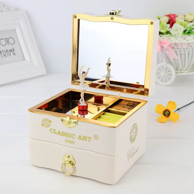 Boîte à musique pour piano, boîte à musique à manivelle, boîte à bijoux, miroir rotatif avec danseus