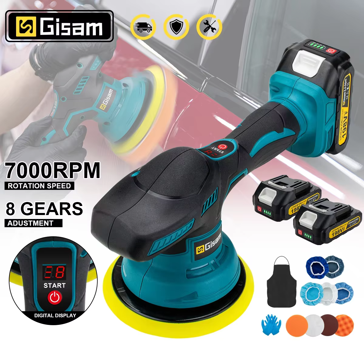 Polisseuse de voiture sans fil Gisam 8 vitesses avec écran numérique, polisseuse électrique pour voi
