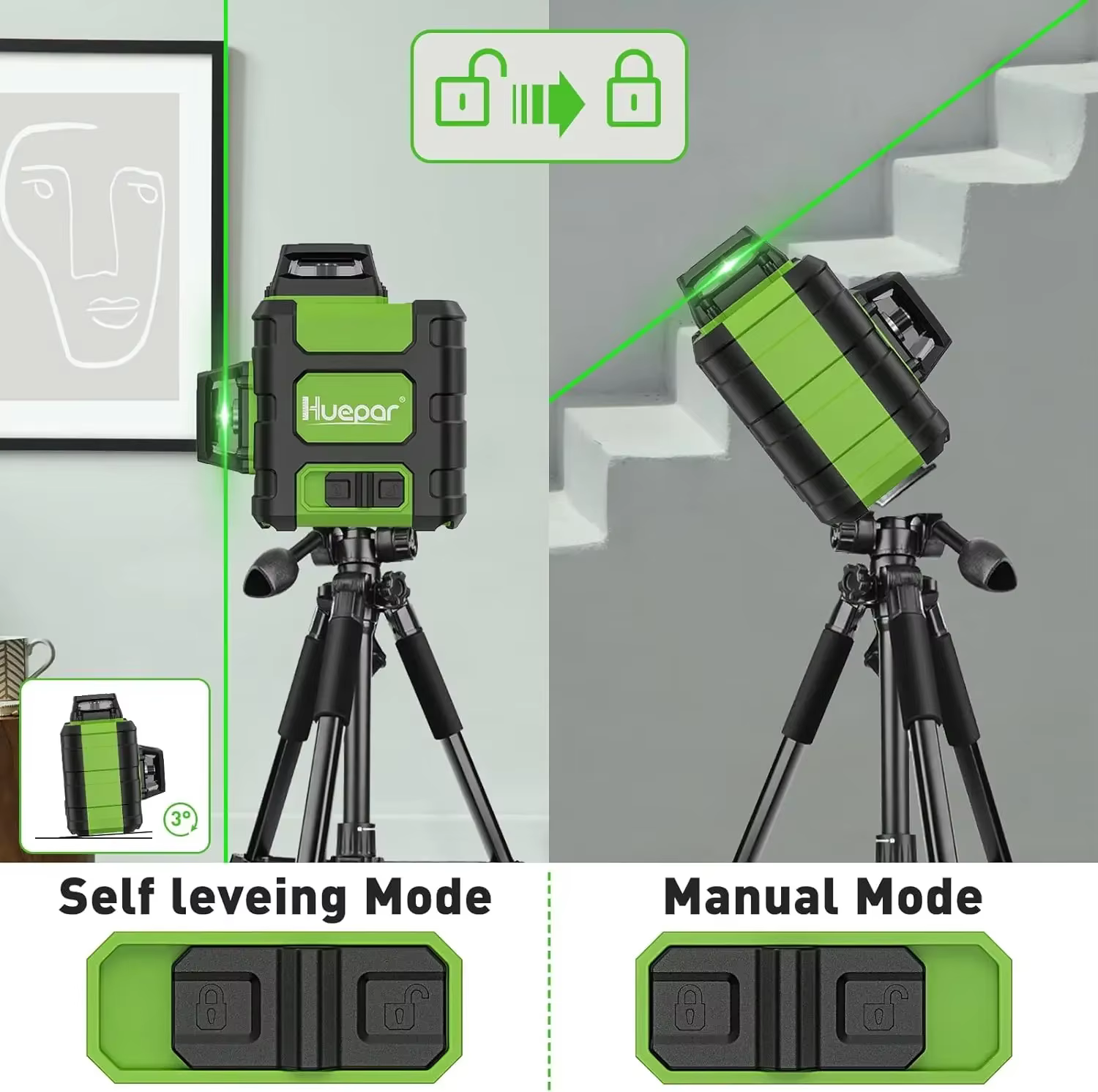 Huepar – niveau Laser 3D à lignes croisées, outil Laser vert auto-nivelant Rechargeable avec batteri