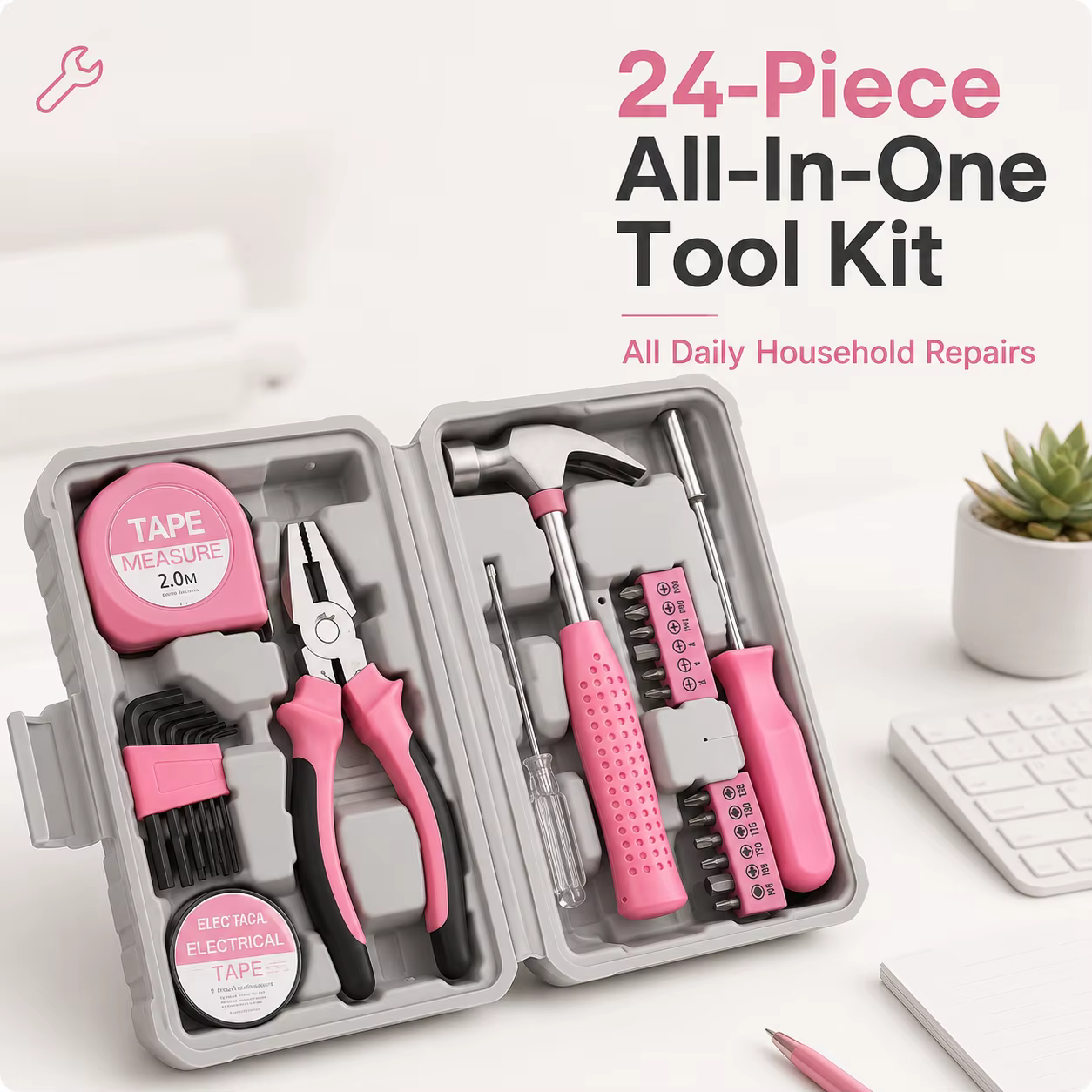 Kit d'outils rose 24 pièces pour femmes, ensemble d'outils à main pour la maison avec étui de transp