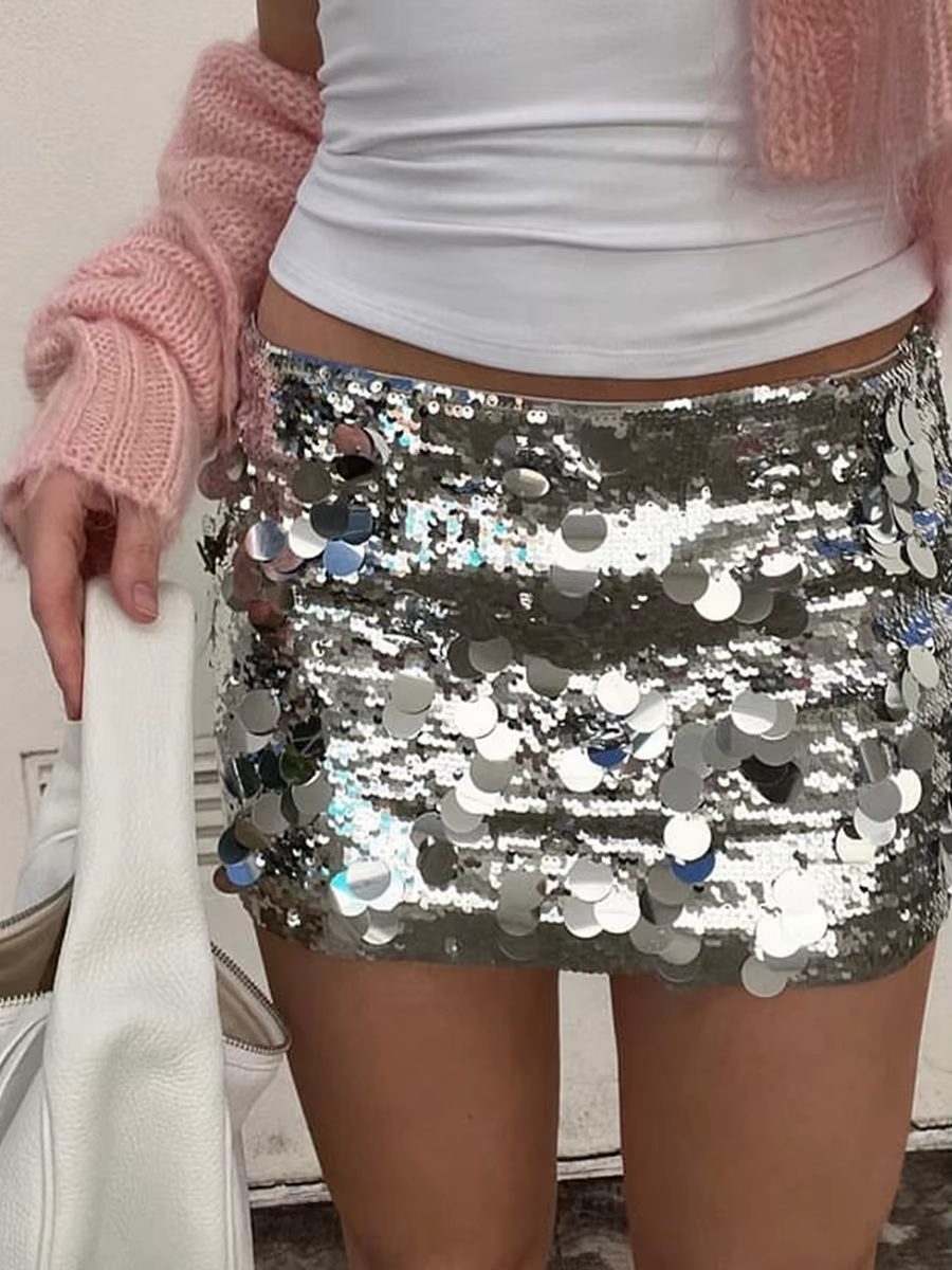 Y2k – jupe Vintage à paillettes pour femmes, taille basse, scintillante, argent, Mini jupe Sexy, sli