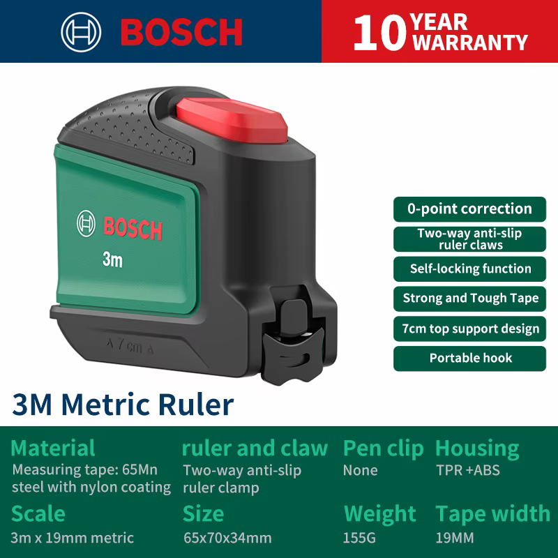 Mètre ruban rétractable BOSCH 3/5 M, acier à haute teneur en carbone, autobloquant avec clip pour st
