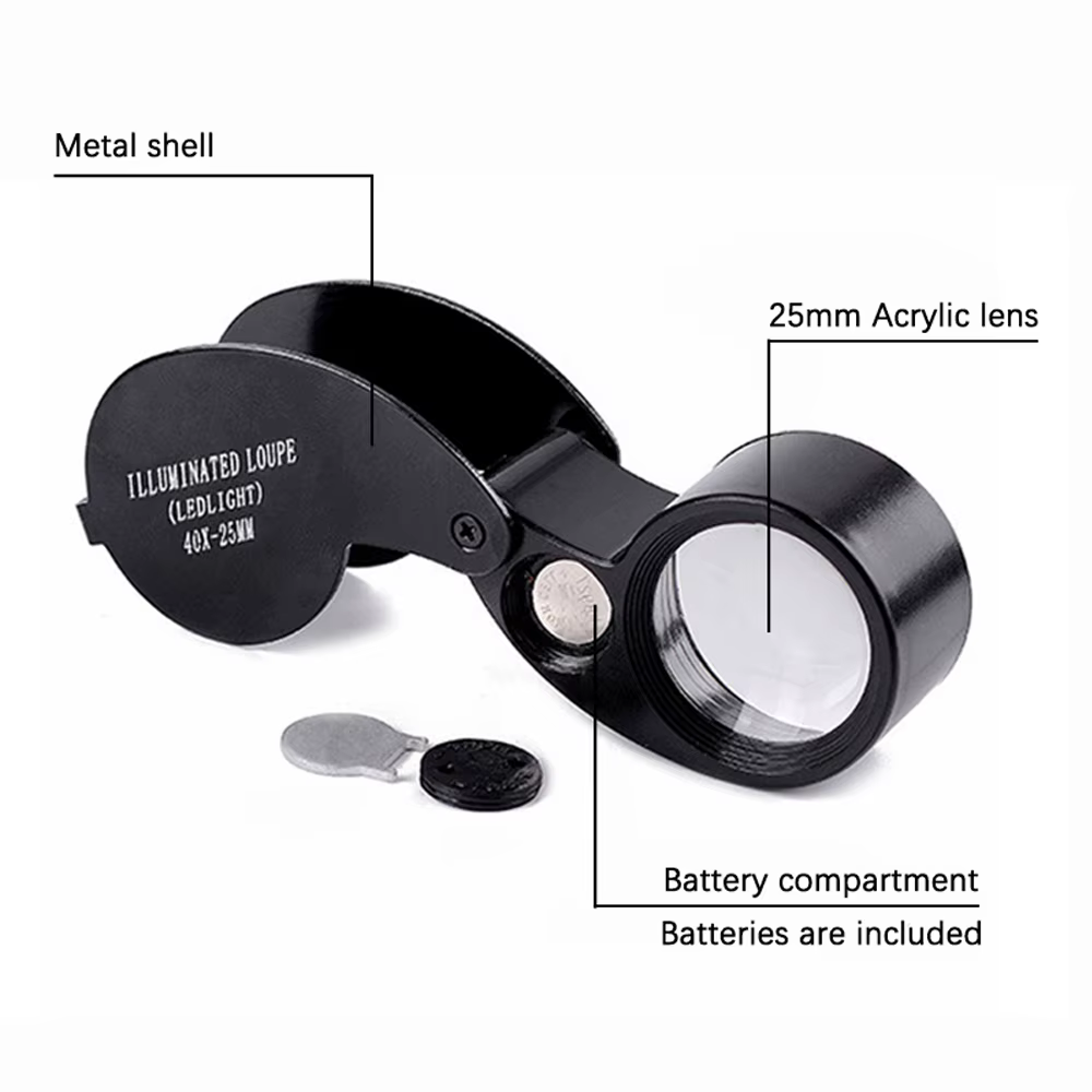 Loupe de bijoutier pliante de poche 40X, Loupe avec lumière pour montre, pièces de monnaie, timbres,