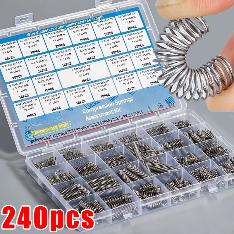 Kit d'assortiment de ressorts de Compression 240 pièces/boîte, en acier inoxydable 304, avec 15 tail