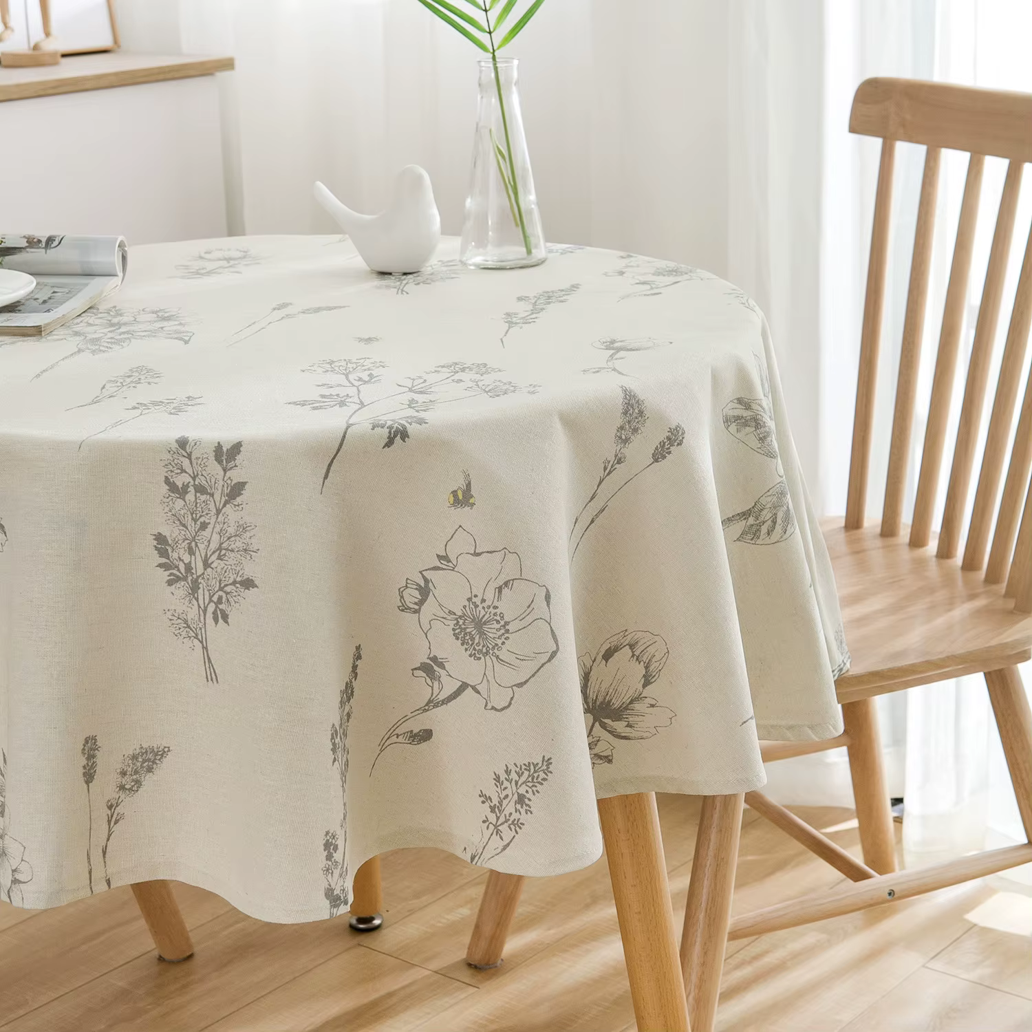 Nappe Ronde en Coton et Lin à Imprimé Botanique Naturel – Housse de Table Décorative pour Cuisine, S