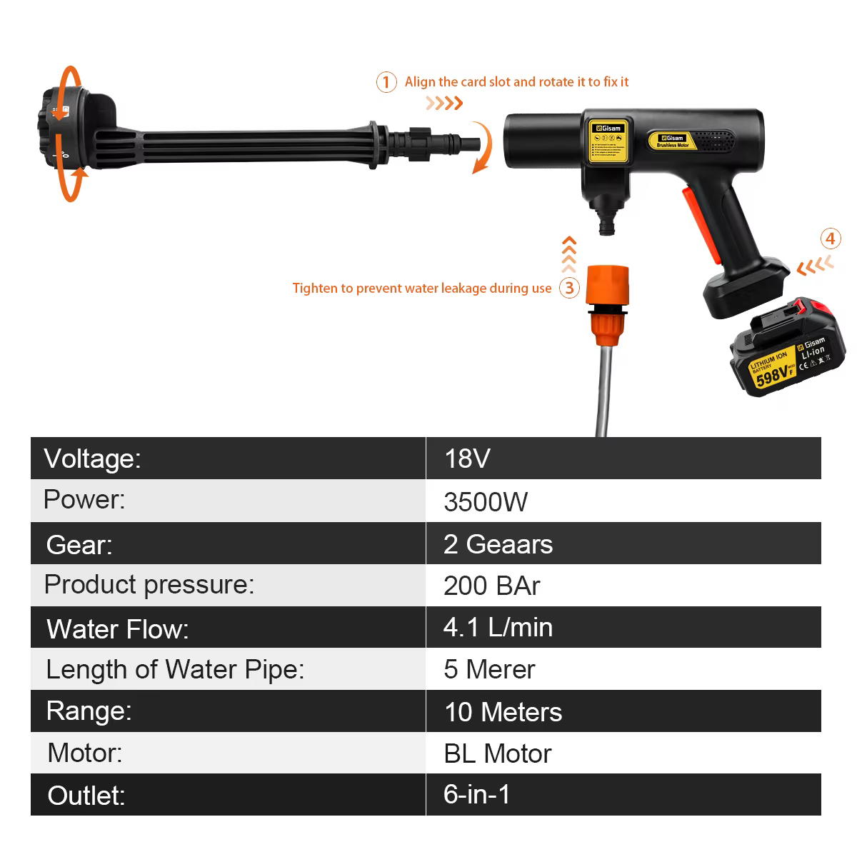 Gami 200Bar laveuse haute pression électrique sans brosse 6-en-1 lavage de voiture pistolet à eau de