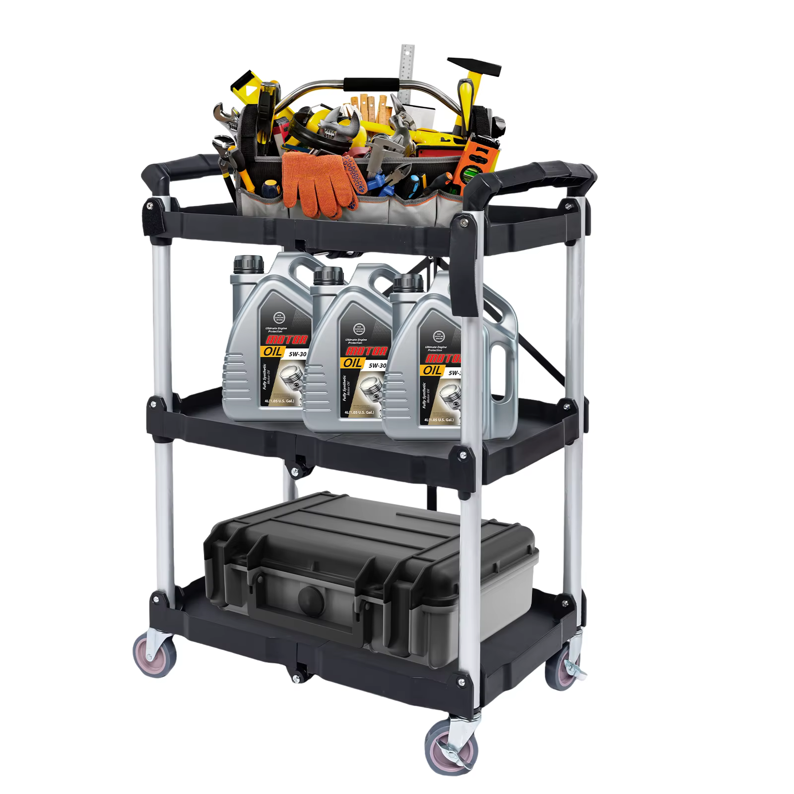 Chariot utilitaire pliable à 3 étagères, 165lb, chariot roulant en plastique robuste, roues verrouil