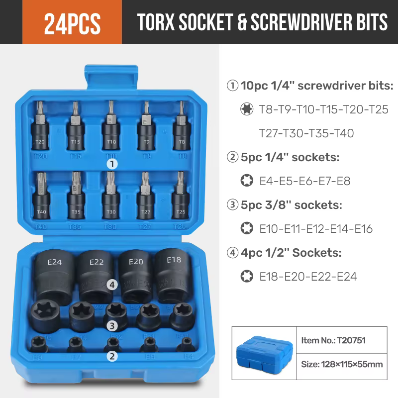 Jeu de douilles Torx et E-Torx 24 pièces, 1/4 ", 3/8 ", 1/2 ", douilles étoiles femelles, jeu de dou
