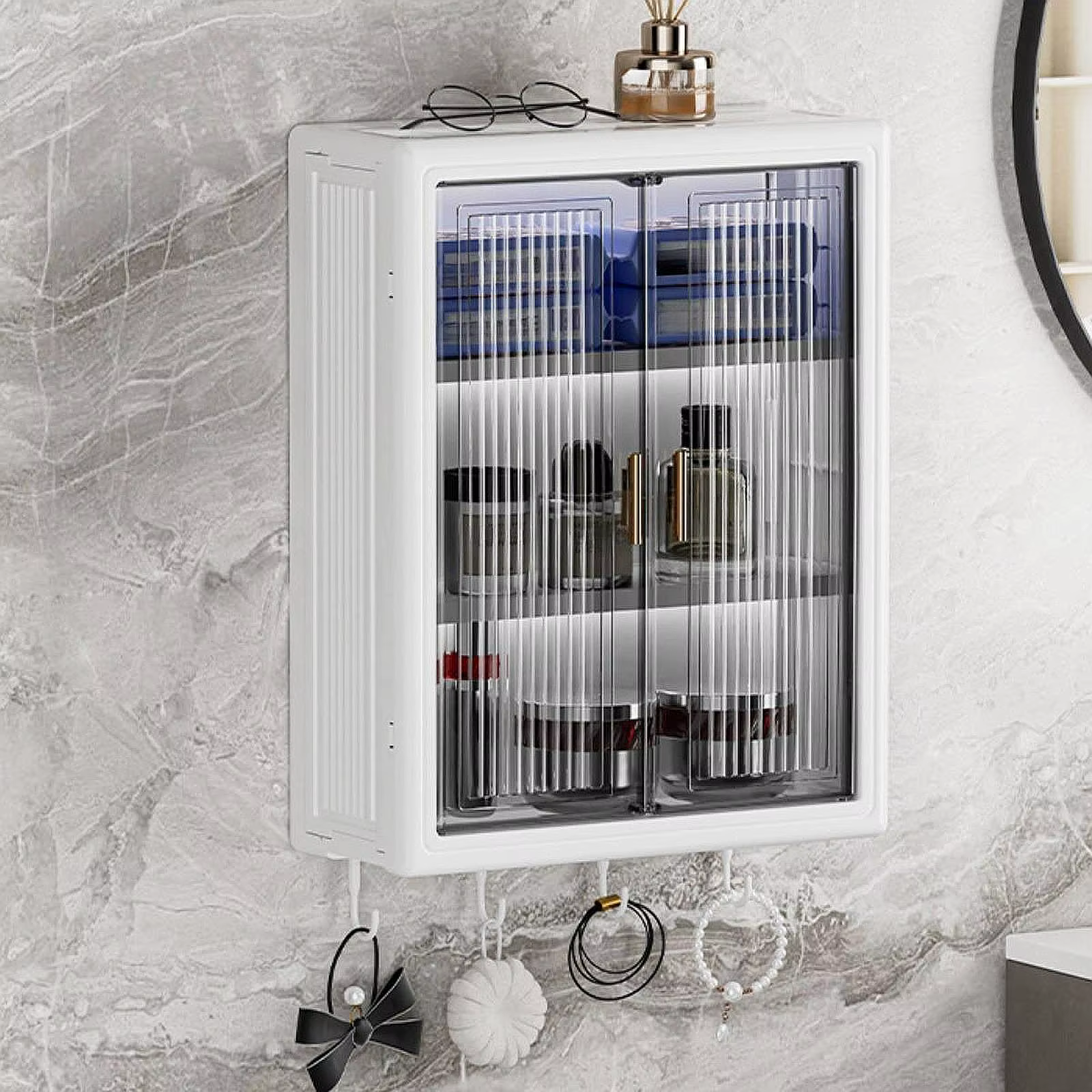 Armoire de rangement murale pour salle de bain, anti-poussière, étanche, sans perçage, support pour articles de toilette, boîte de rangement pour cosmétiques, pour chambre à coucher
