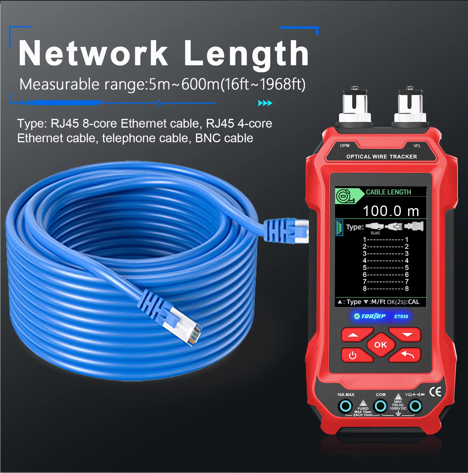 TOOLTOP -Testeur de câble Ethernet, multimètre, compteur de puissance optique, laser rouge, sans bruit, passage de câble, tension POE, QC, CriAJTest