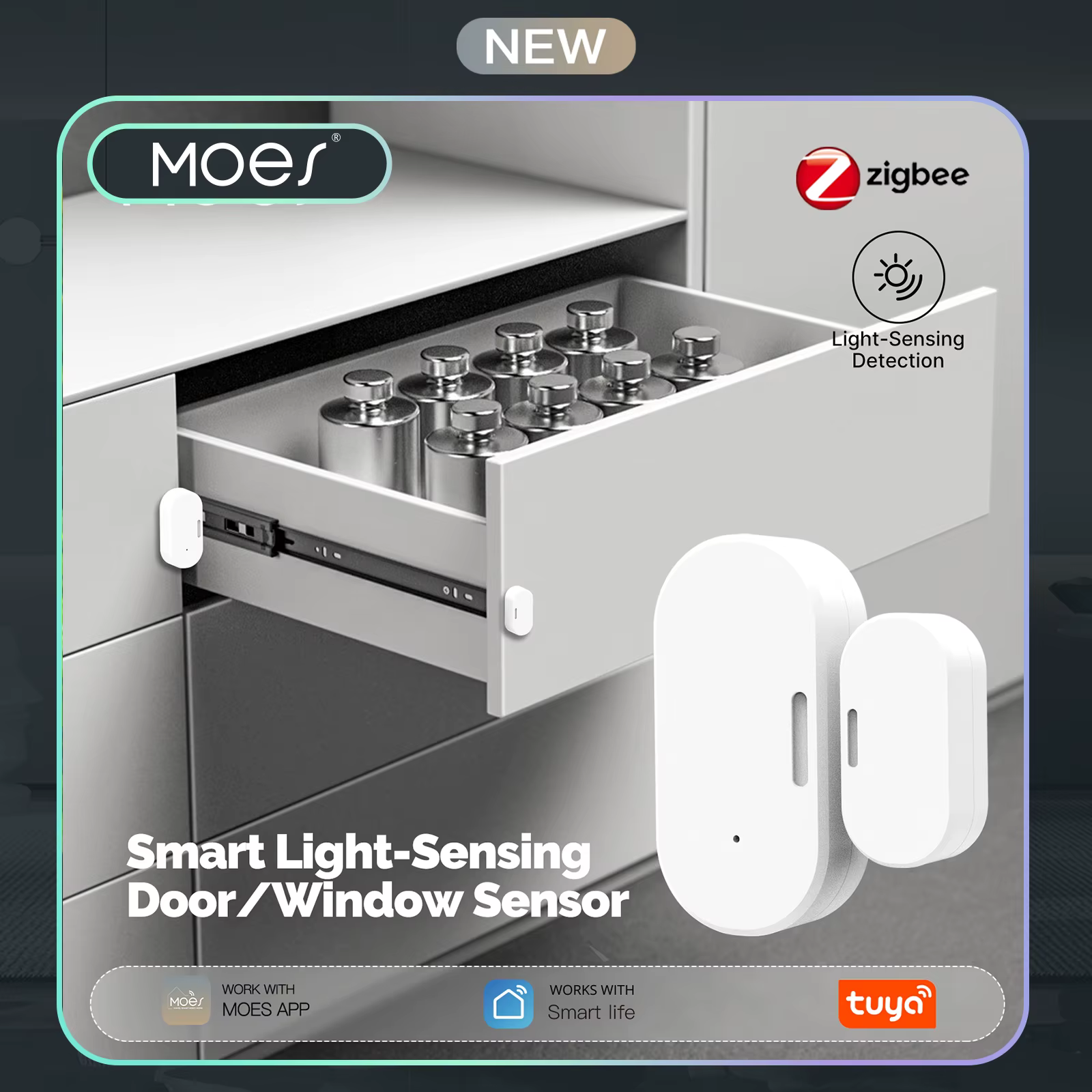 Capteur de porte/fenêtre intelligent MOES Tuya ZigBee avec détection de lumière