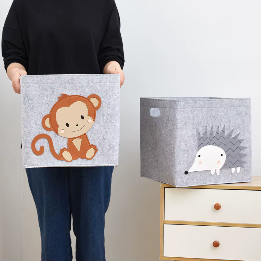 Cube de 11 pouces, boîte de rangement pour enfants, panier de rangement en tissu feutré d'animaux de dessin animé pour enfants, organisateurs de jouets, boîtes de placard de maternelle