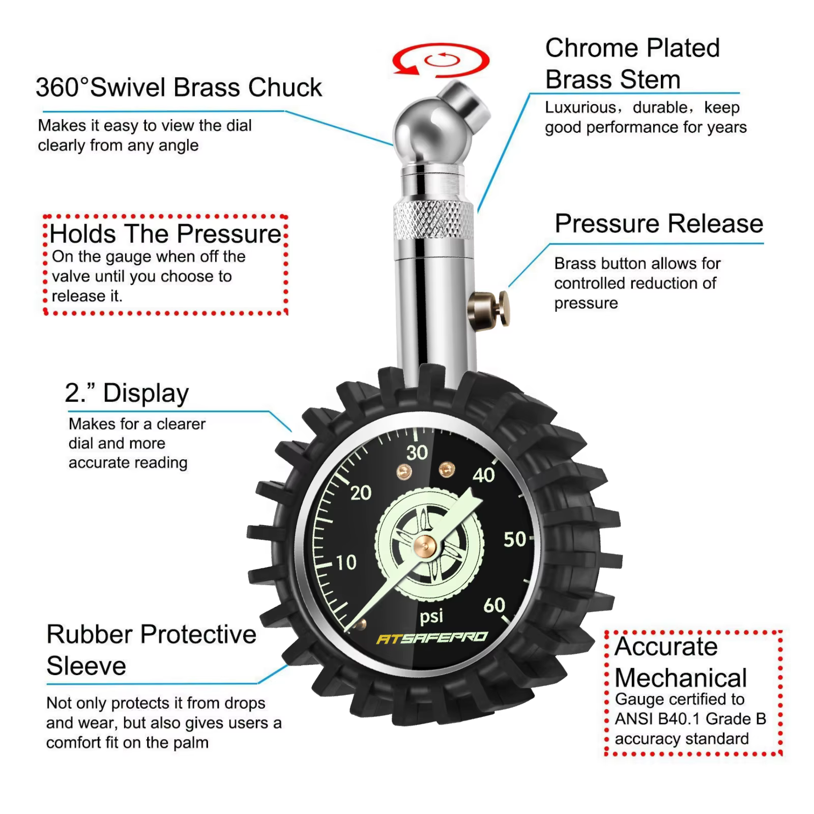 ATsafepro – jauge de pression des pneus, 15 Psi, 30 Psi, 60 Psi, vérificateur de mesure des pneus pour motos, outils de voiture, camion, ATV, SUV, vélo