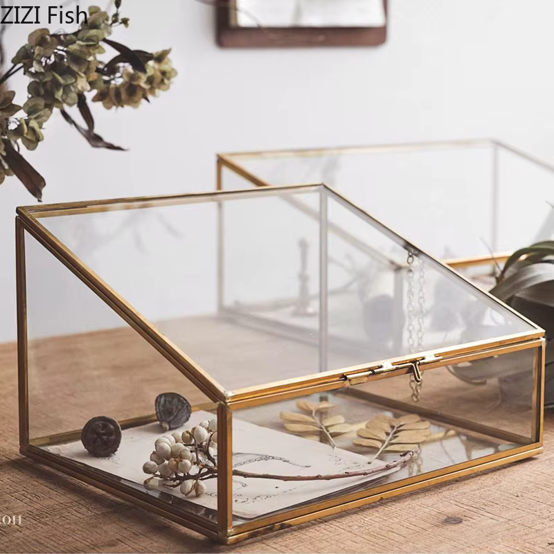 Boîte de Rangement Polygonale en Verre Latéral en Cuivre Vintage