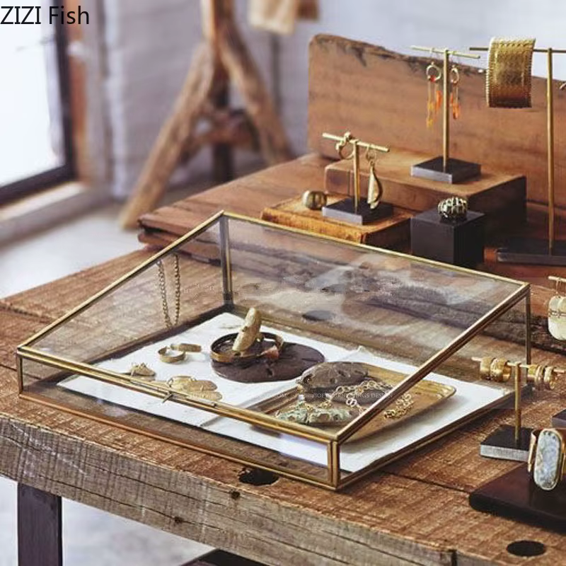 Boîte de Rangement Polygonale en Verre Latéral en Cuivre Vintage