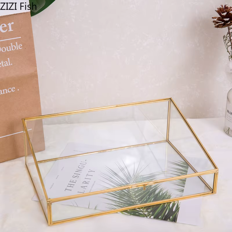 Boîte de Rangement Polygonale en Verre Latéral en Cuivre Vintage