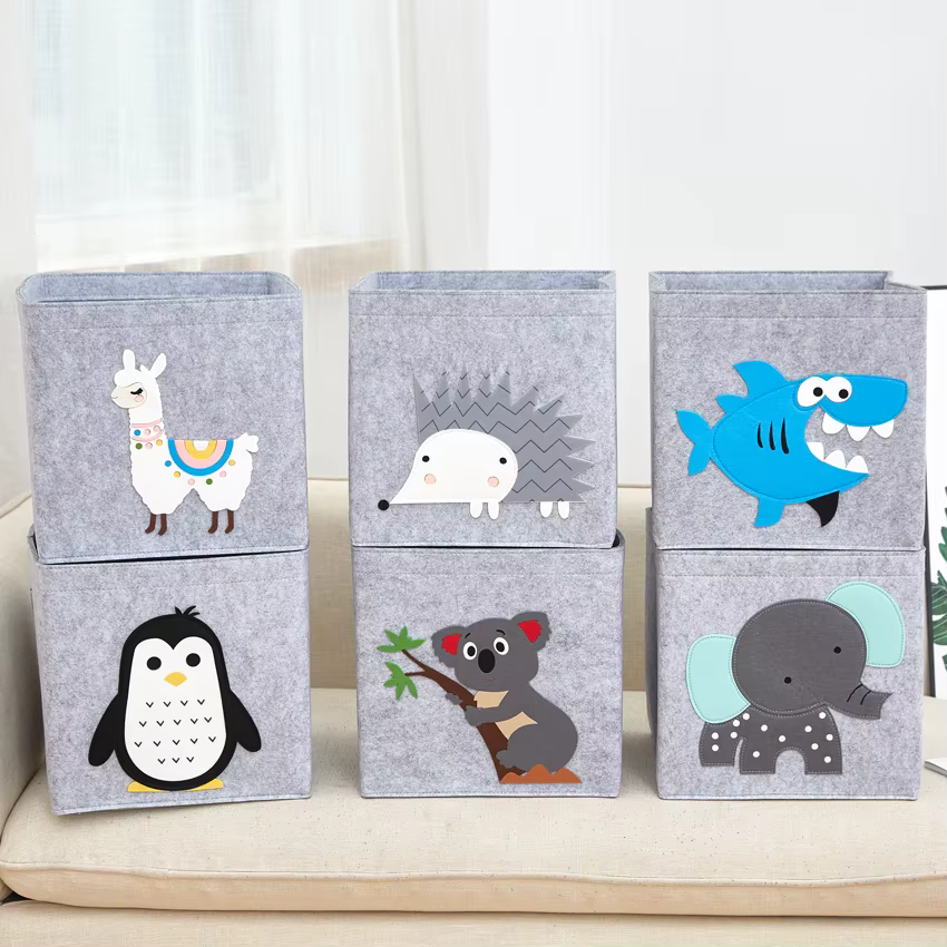 Cube de 11 pouces, boîte de rangement pour enfants, panier de rangement en tissu feutré d'animaux de dessin animé pour enfants, organisateurs de jouets, boîtes de placard de maternelle