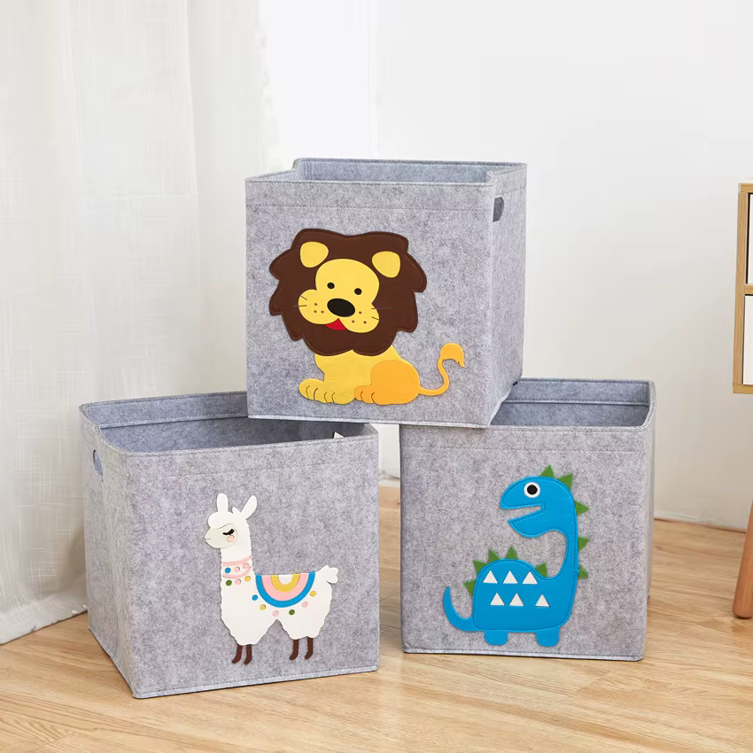 Cube de 11 pouces, boîte de rangement pour enfants, panier de rangement en tissu feutré d'animaux de dessin animé pour enfants, organisateurs de jouets, boîtes de placard de maternelle