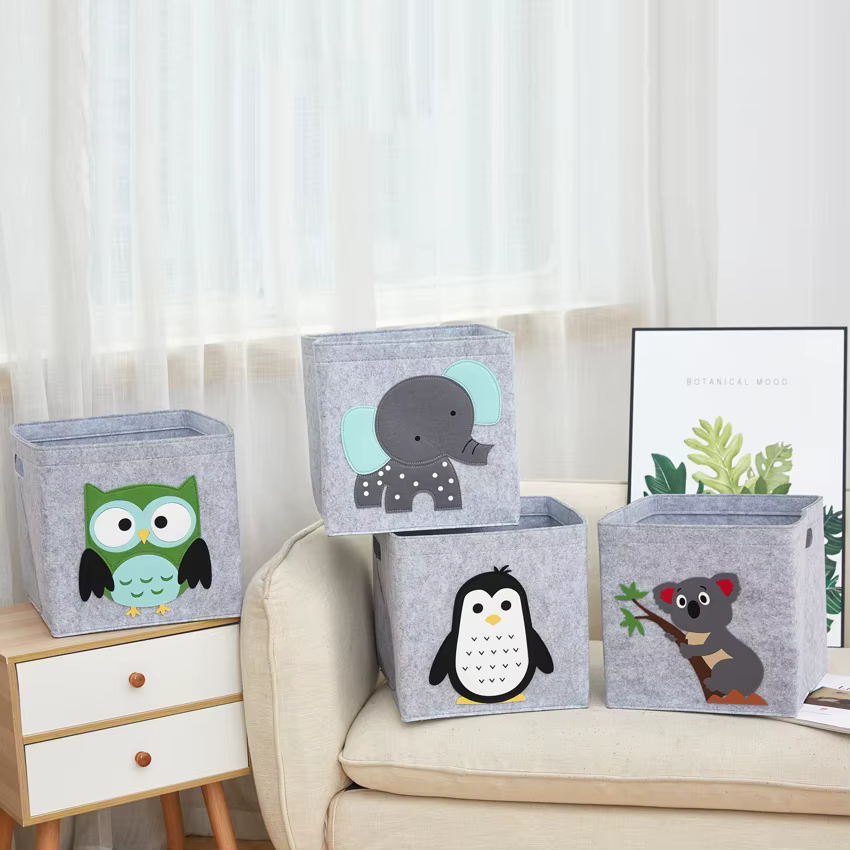 Cube de 11 pouces, boîte de rangement pour enfants, panier de rangement en tissu feutré d'animaux de dessin animé pour enfants, organisateurs de jouets, boîtes de placard de maternelle