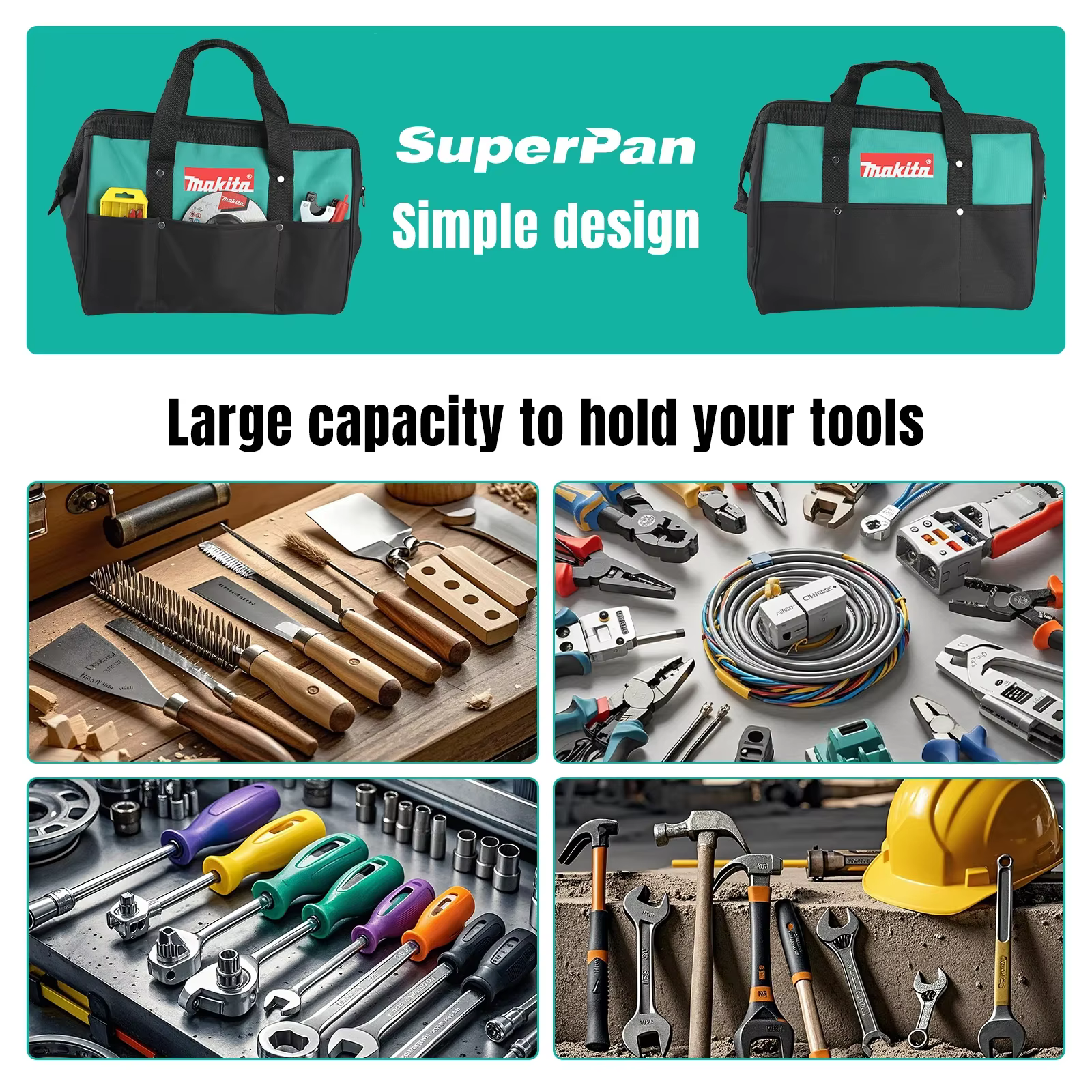 Sac de rangement d'outils polyvalent Makita M368-1 avec base robuste et plusieurs poches extérieures pour tous vos outils essentiels sur le chantier