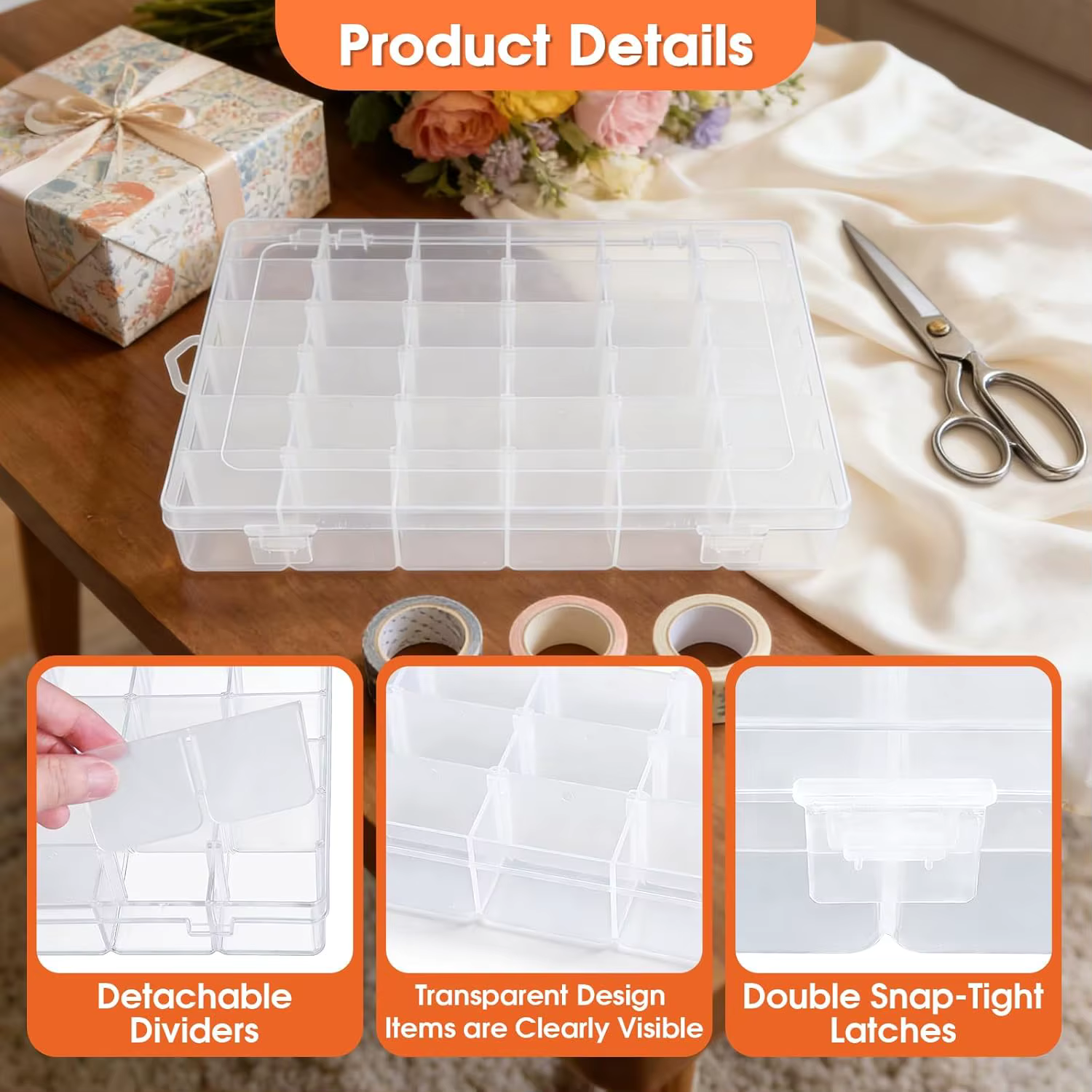 Boîte de rangement en plastique transparent à 36 compartiments avec séparateurs amovibles – un organisateur portable conçu pour répondre aux besoins précis.
