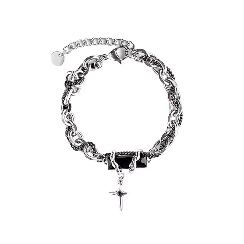Bracelet rétro en Zircon noir pour hommes et femmes, chaîne étoile, Punk, en acier inoxydable, à portée de main, unisexe, bijoux, accessoires de Couple, 2024