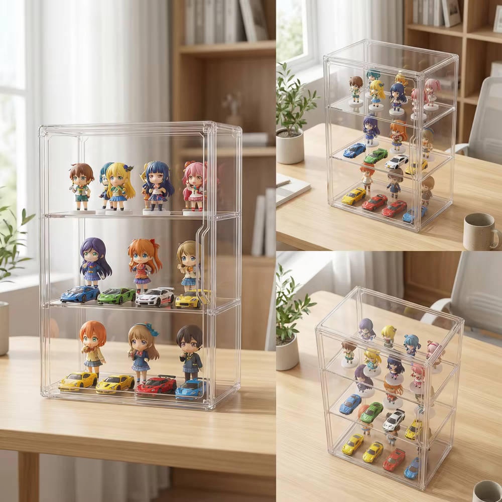 1 vitrine transparente en acrylique pour figurines avec deux étagères amovibles