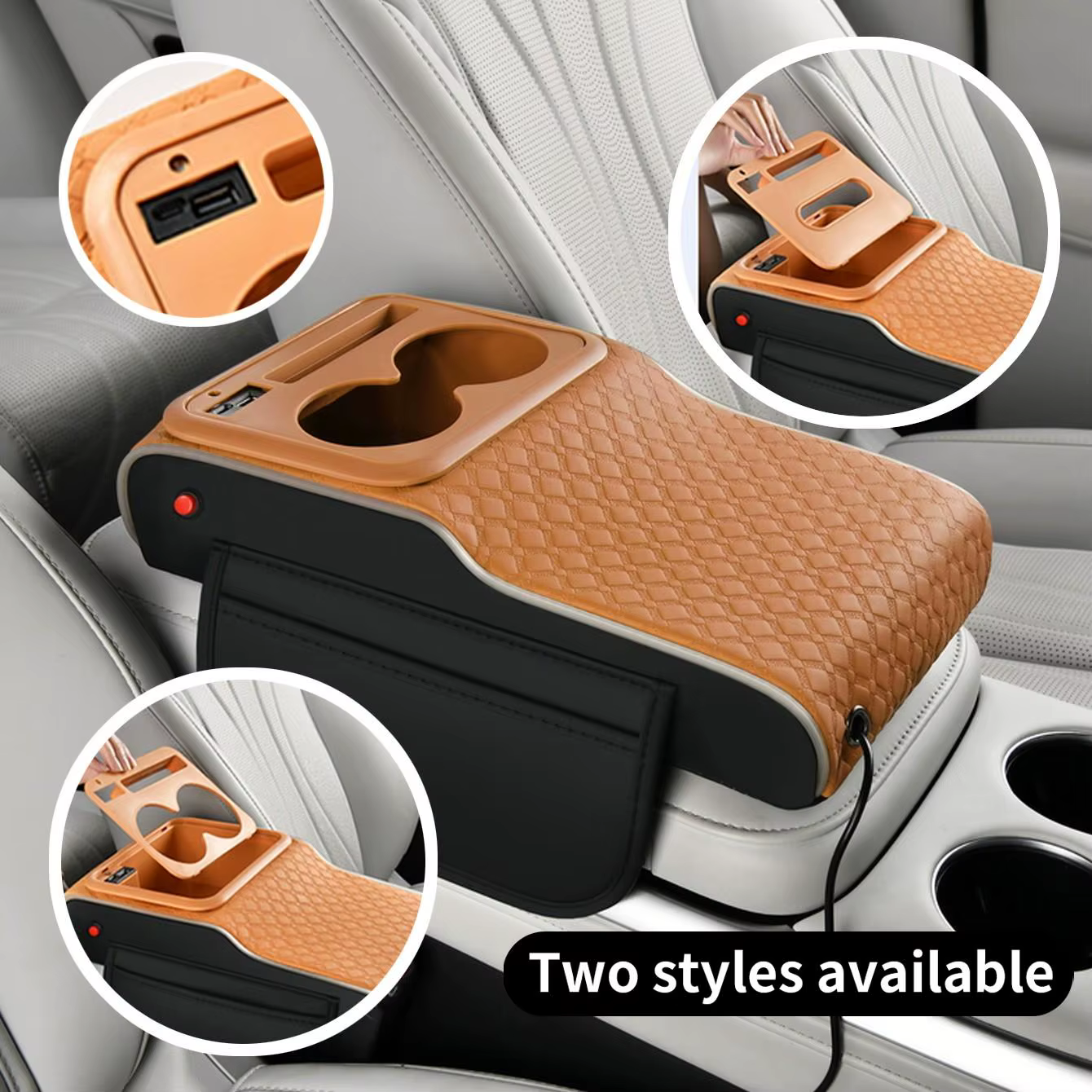 Boîte d'accoudoir de voiture multifonctionnelle avec couvercle interchangeable, dotée d'une projection laser étoilée, de bandes lumineuses latérales, de deux ports de charge USB/Type-C pour téléphones