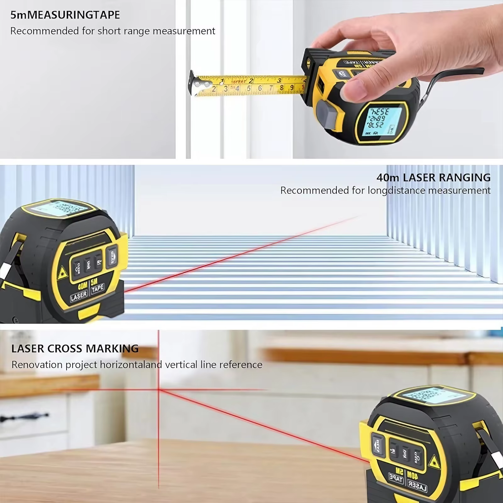 Mètre laser 40M 60M, outil de mesure de distance infrarouge 3-en-1, règle de mesure intelligente haute précision, instrument de mesure