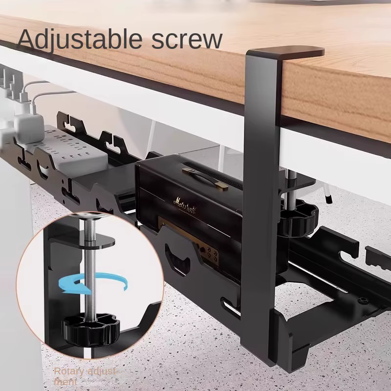 Organisateur extensible sous le bureau, plateau de gestion des câbles sans perceuse (noir/blanc), rangement télescopique peu encombrant pour fils et bureau