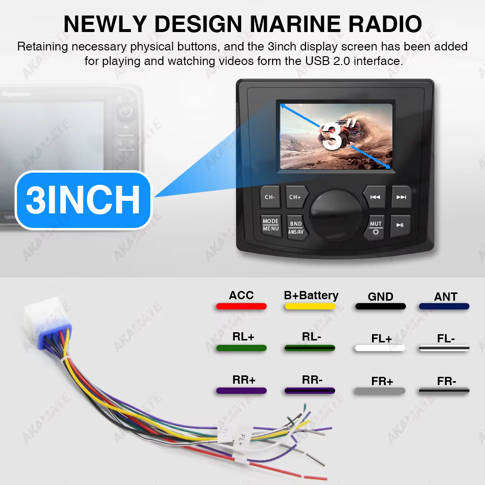 Radio Marine MP5 bateau Radio stéréo 3 pouces affichage médias lecteur vidéo étanche Bluetooth AUX AM FM RDS pour ATV UTV SPA RZR
