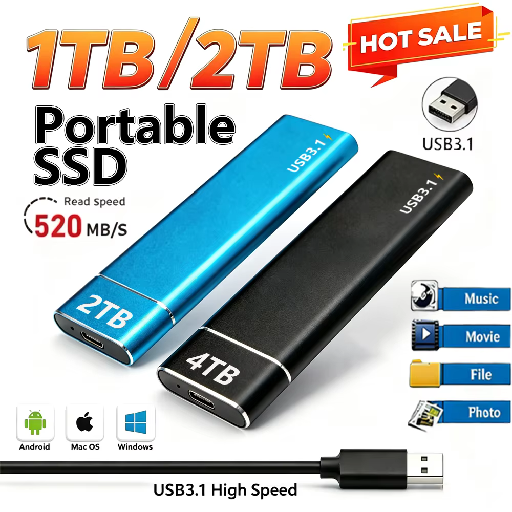 SSD portable USB 3.1 haute vitesse 2 To 1 To 4 To, disque SSD externe original grande capacité pour PC, ordinateur portable, Mac, téléphone portable
