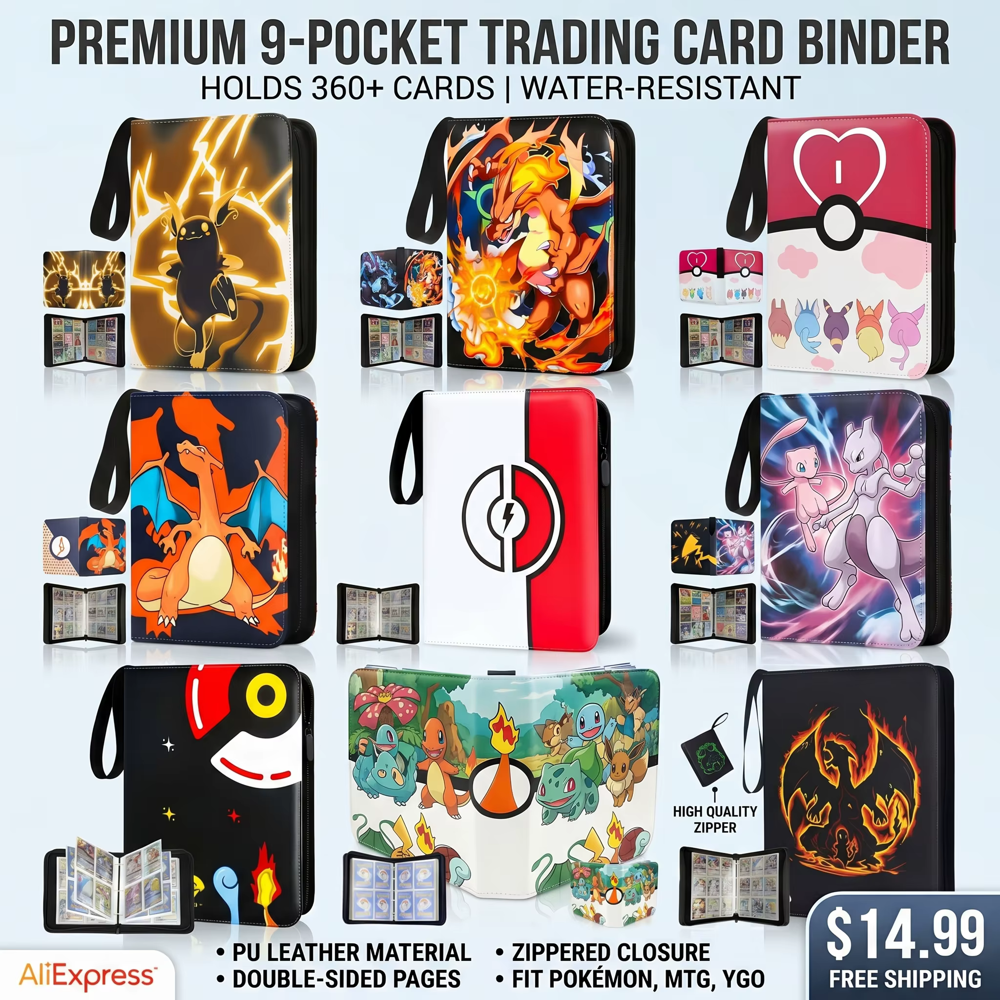 Classeur de cartes Pokémon avec fermeture éclair, album de grande capacité, livre de rangement PTCG, organisateur de cartes à collectionner à feuilles mobiles, cadeau pour les fans de Pikachu