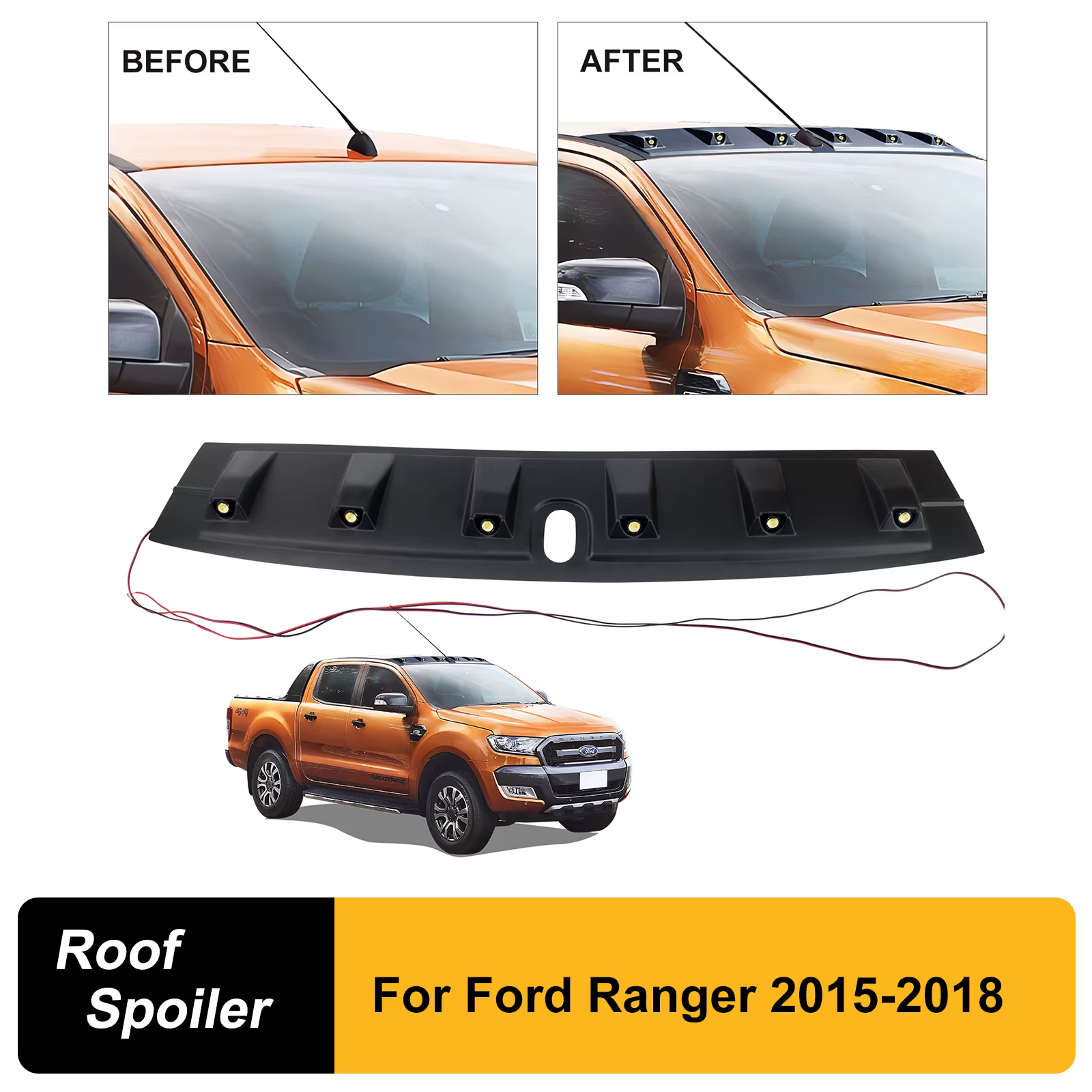 Becquet de toit avec lumière avant Led, couverture de toit Raptor pour Ford Ranger Wildtrak T8 2015 2017 2018 PX2 4x4, accessoires de style de voiture
