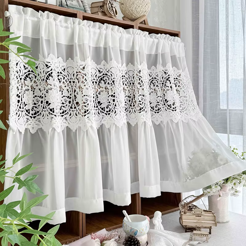 Rideau court en dentelle brodée de fleurs exquises de Style français, blanc, élégant, transparent, pour café, pour salon et porte de cuisine