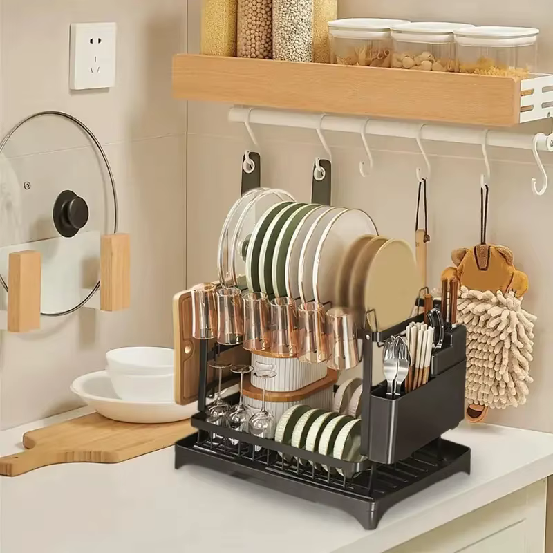 Égouttoir à vaisselle à 2 niveaux pour cuisine, support de rangement pour bols, couverts, baguettes, couteaux, fourchettes et tasses