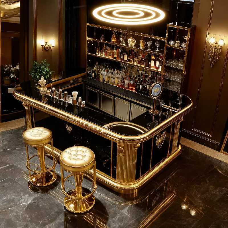 Bar moderne haut de gamme en acier inoxydable, comptoirs en marbre, design autoportant, adapté aux bars et aux hôtels, personnalisable