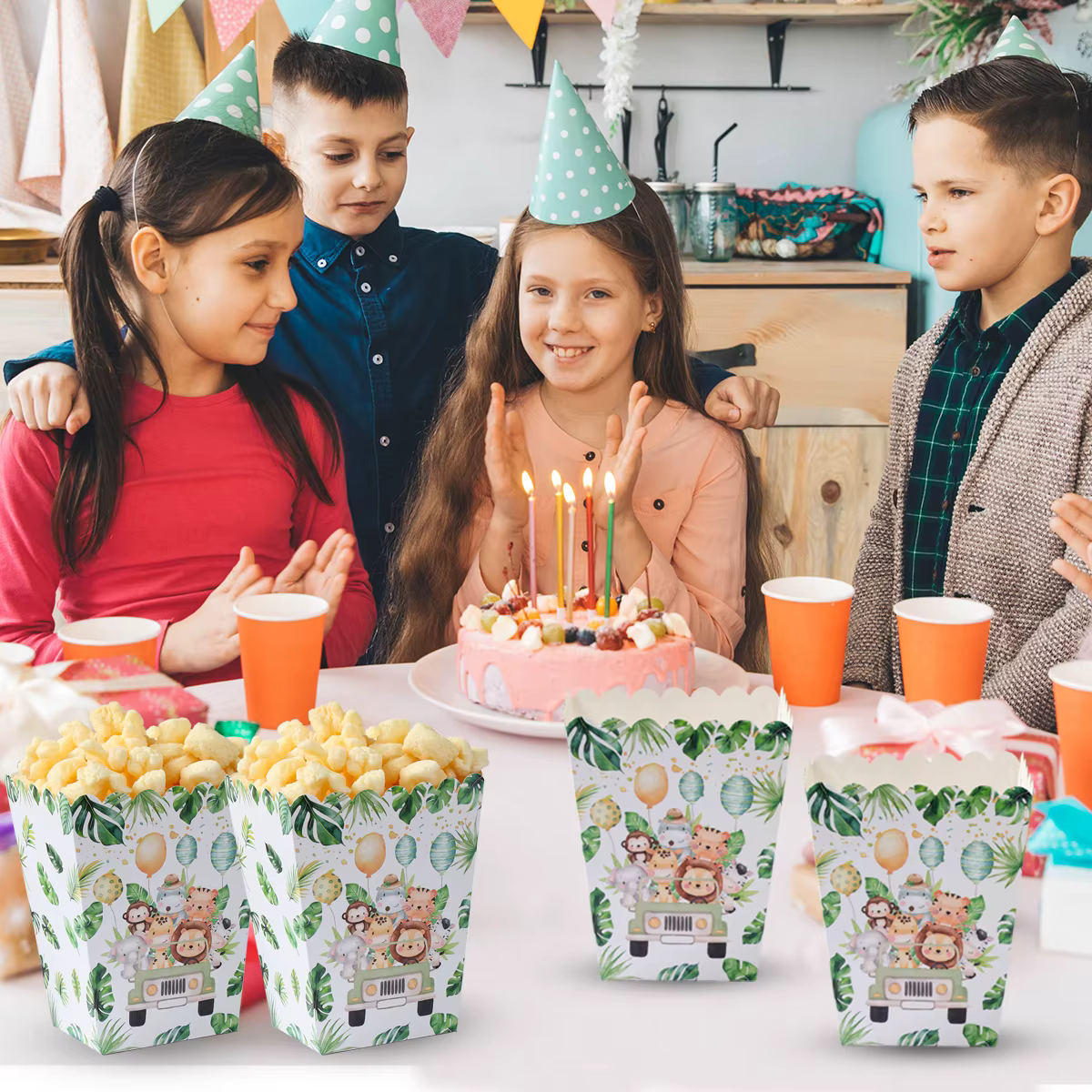 Boîtes à pop-corn pour animaux de la Jungle, boîtes à friandises du Zoo, fournitures de fête d'anniversaire sur le thème de la Jungle en papier, cadeaux de réception-cadeau pour bébé, décorations de n