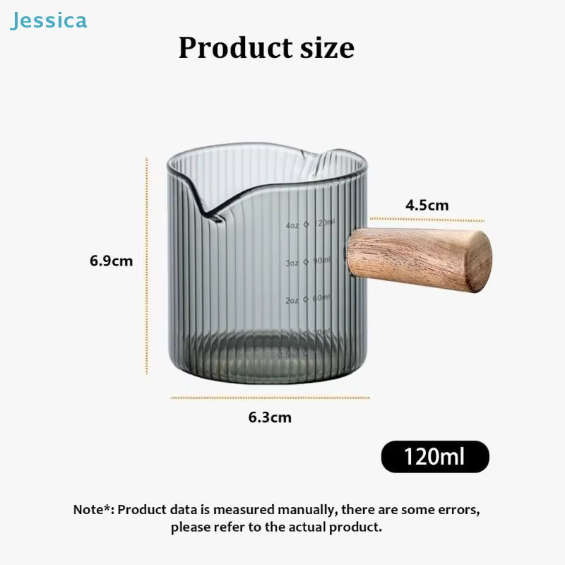 ♥ Tasse à mousse de lait en verre côtelé avec poignée en bois - Tasse doseuse de 120 ml pour café et lait