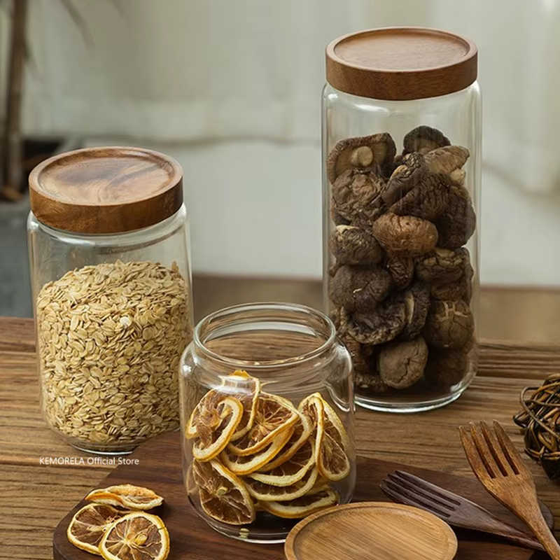 Couvercle en bois verre hermétique bidon cuisine bouteilles de stockage pots récipient alimentaire Grains thé café