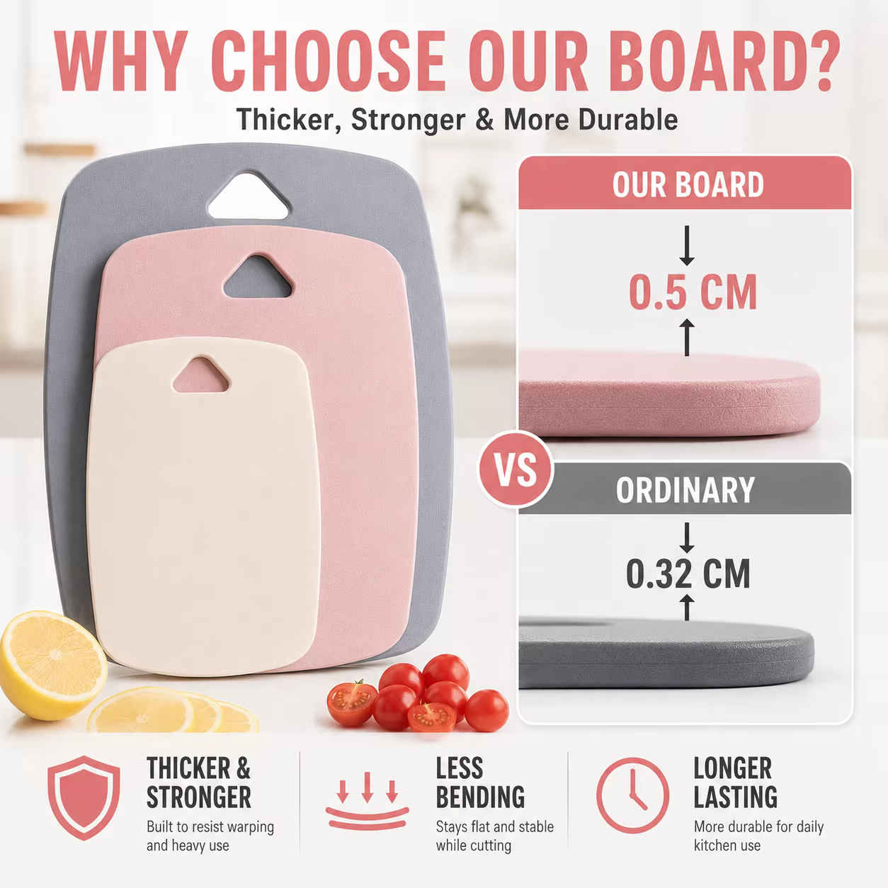 Ensemble de 3 planches à découper en plastique pour la cuisine, épaisses, colorées, antidérapantes, double face, pour viande et fruits
