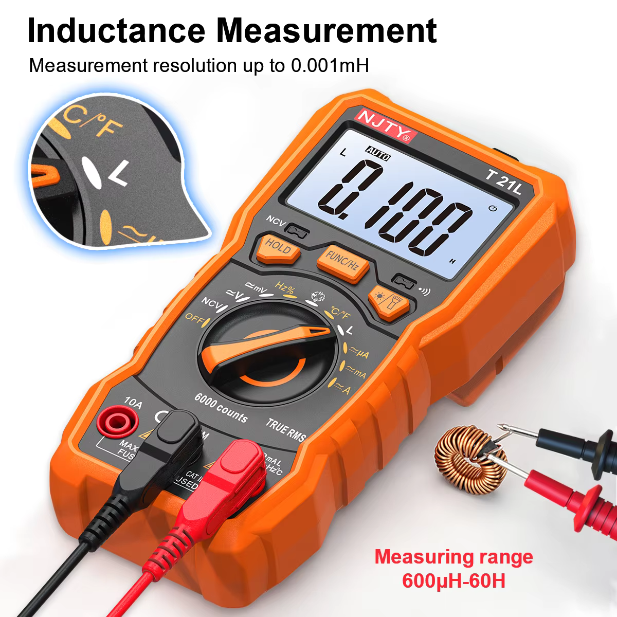 NJTY T21L multimètre numérique d'inductance 600μH-60H plage Cycle de service 0.1-99% température DC AC Amp tension résistance capacité NCV Hz