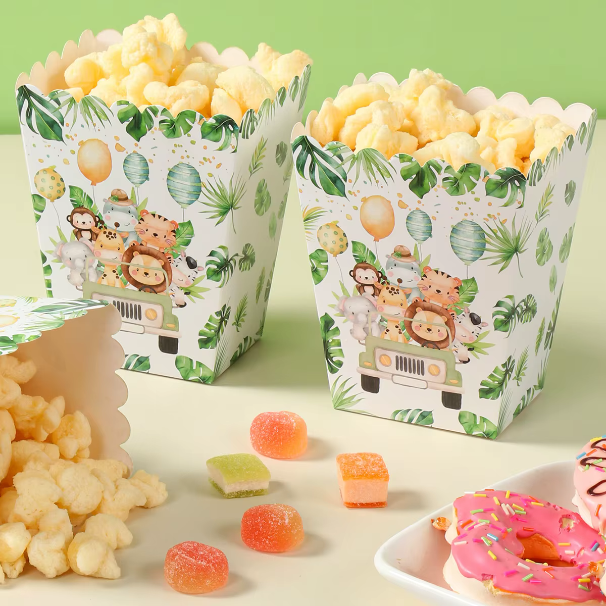 Boîtes à pop-corn pour animaux de la Jungle, boîtes à friandises du Zoo, fournitures de fête d'anniversaire sur le thème de la Jungle en papier, cadeaux de réception-cadeau pour bébé, décorations de n