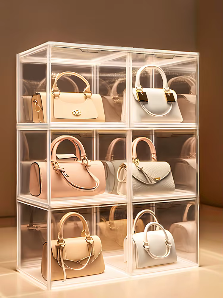 Boîte de rangement de sac à main en acrylique transparent pour femme, vitrine de nettoyage, sacs de luxe, sac à main, T1