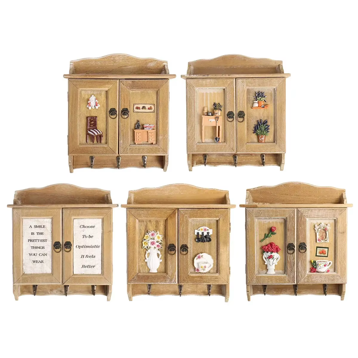 Pour la maison salon décor rétro en bois Double portes boîte à clés organisateur support 9 crochets clé armoire