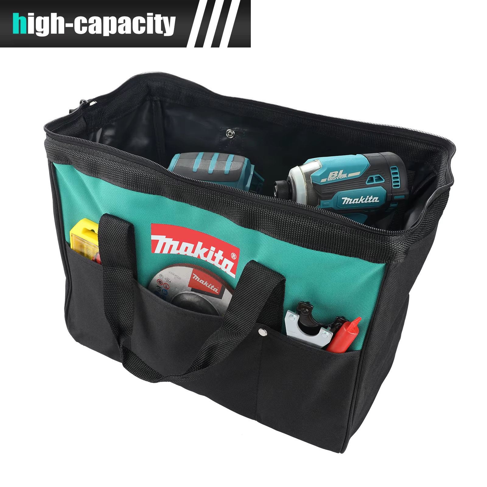Sac de rangement d'outils polyvalent Makita M368-1 avec base robuste et plusieurs poches extérieures pour tous vos outils essentiels sur le chantier