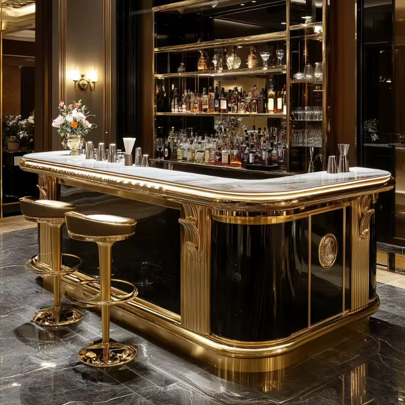 Bar moderne haut de gamme en acier inoxydable, comptoirs en marbre, design autoportant, adapté aux bars et aux hôtels, personnalisable