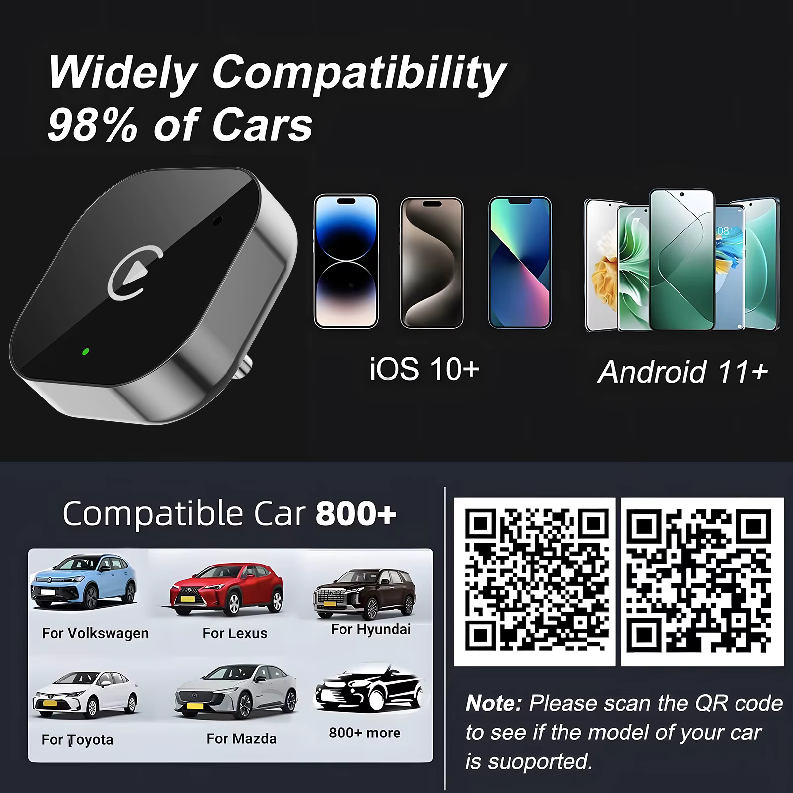 Adaptateur sans fil USB C 2-en-1 amélioré pour CarPlay et Android Auto