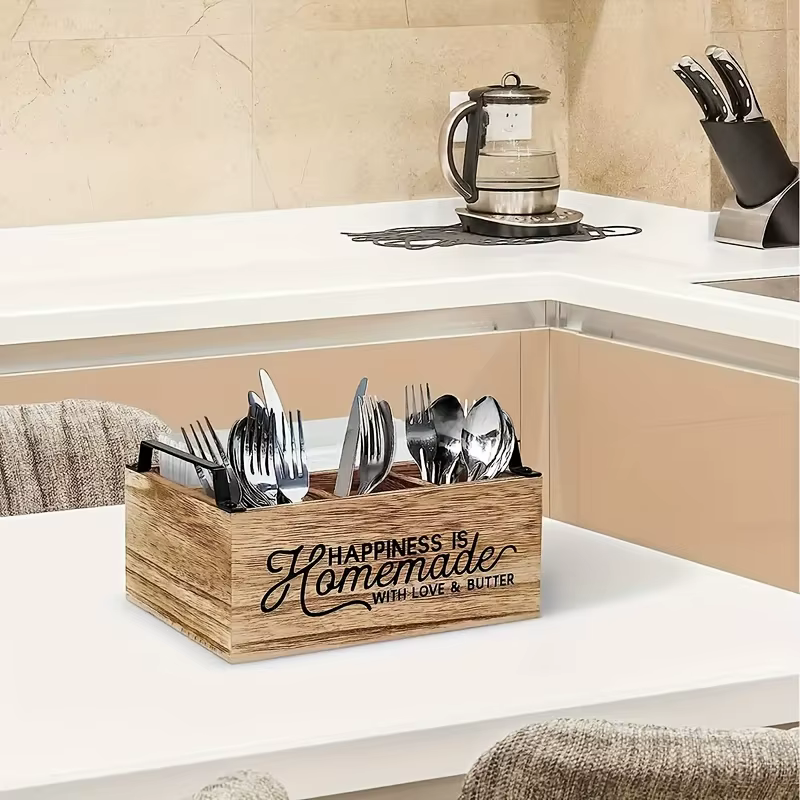 Organisateur d'ustensiles de cuisine en bois classique de haute qualité - Boîte de rangement portable avec design