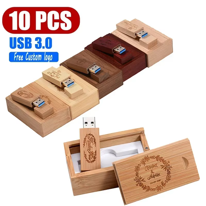 10 PCS LOT USB 3.0 LOGO personnalisé gratuit USB en bois avec boîte clé USB clé USB 4GB 8GB 16GB 32GB 64GB clé mémoire pour cadeau